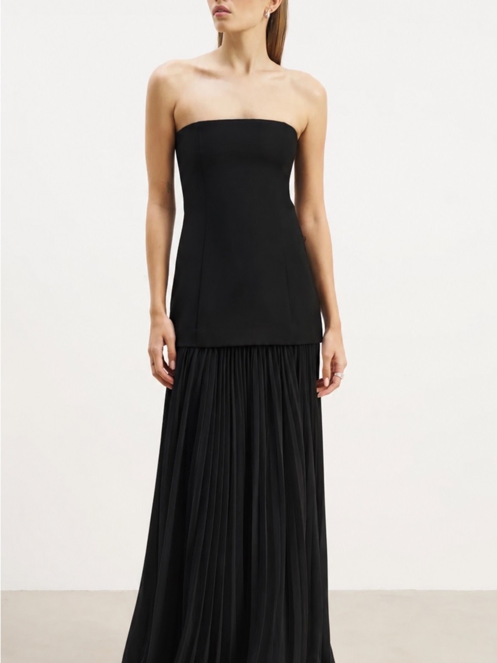 Strapless Black Pleated Maxi Dress